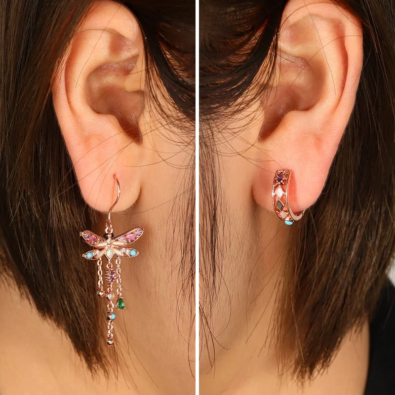Asymmetry Dragonfly Turquoise Dangle Earrings 18k Rose Gold Plated - Image 2