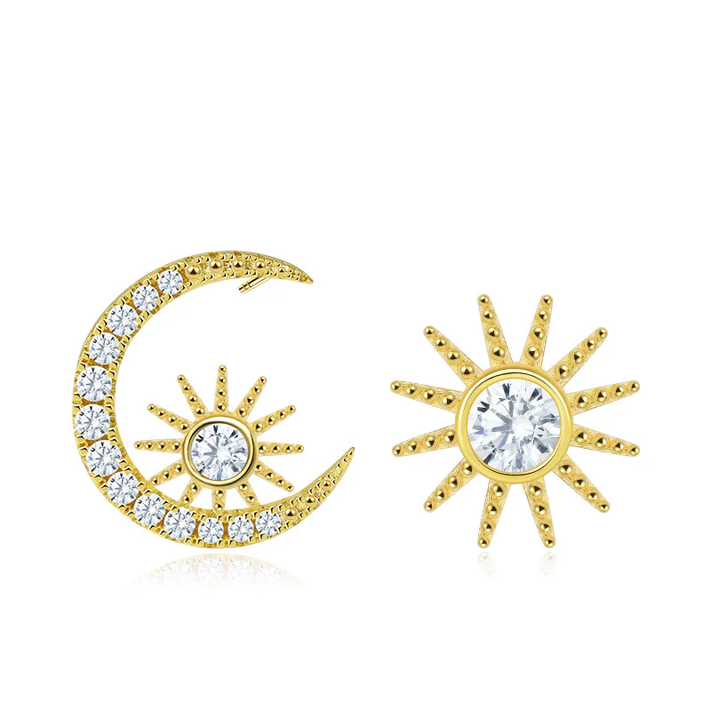 Gnoce Asymmetry Star Moon Stud Earrings Platinum-plated Silver Blend