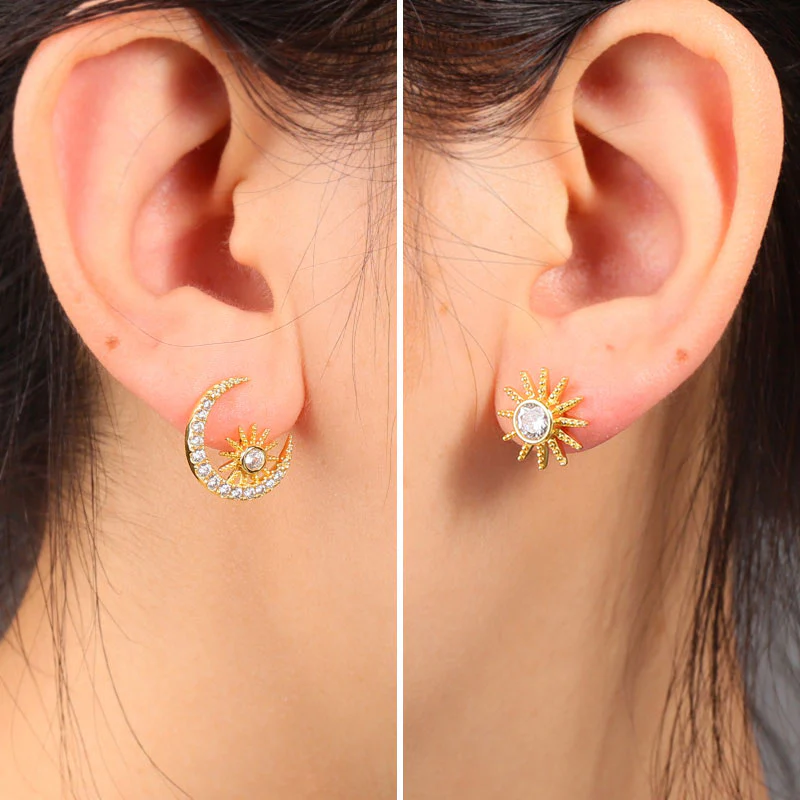 Gnoce Asymmetry Star Moon Stud Earrings Platinum-plated Silver Blend - Image 3