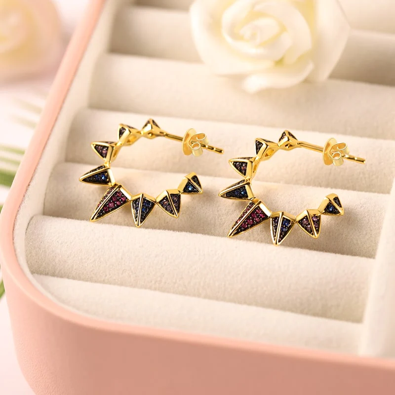 Black Triangle Hoop Earrings with Gold Plated Brass - Image 3