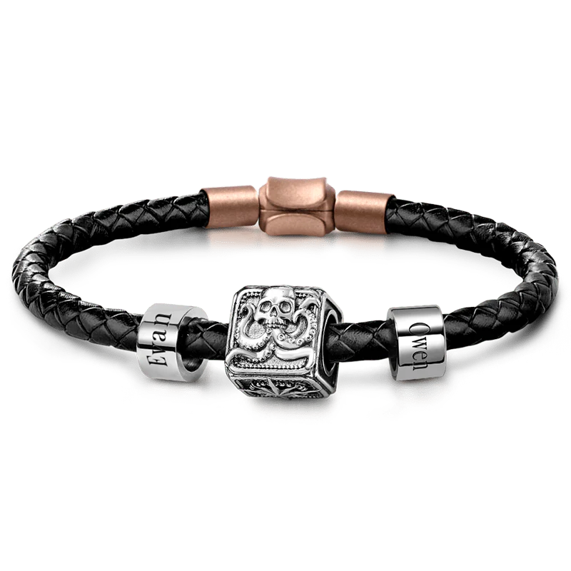 Crusu Vintage Bead & Customized Classic Beads S925 Sterling Silver with Gift Copper Black Leather Men's Bracelet Jewelry for Men