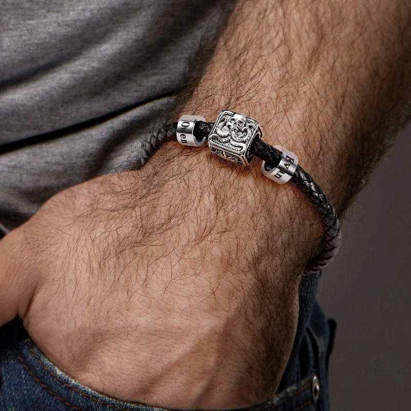 Crusu Vintage Bead & Customized Classic Beads S925 Sterling Silver with Gift Copper Black Leather Men's Bracelet Jewelry for Men - Image 5