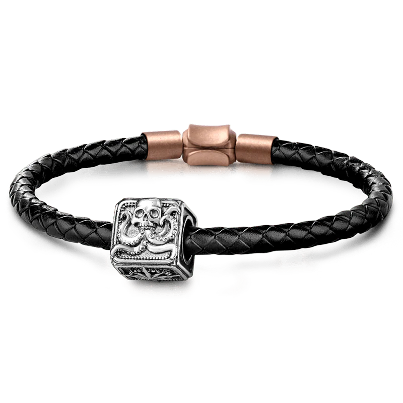 Crusu Men's Vintage Bead S925 Sterling Silver with Gift Copper Black Leather Men's Bracelet Jewelry for Men