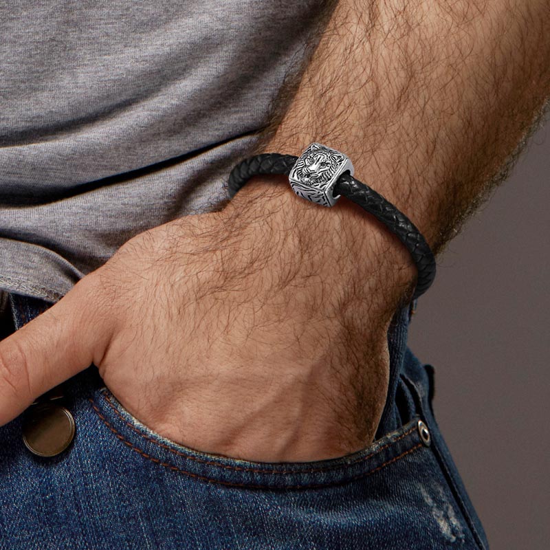 Tiger Men's Vintage Bead S925 Sterling Silver with Gift Copper Black Leather Men's Bracelet Jewelry for Men - Image 5