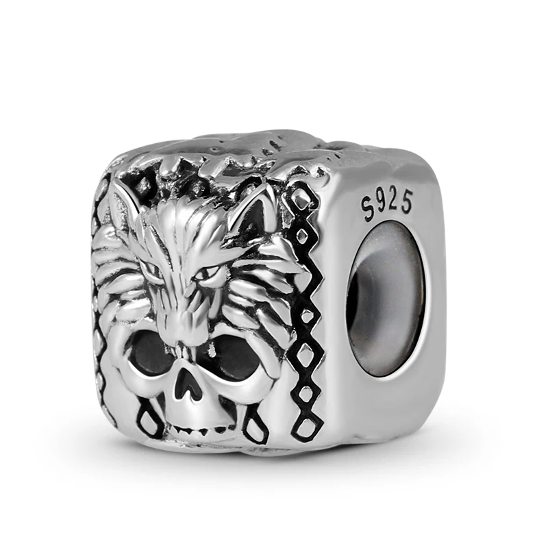 Wolf Skull Men's Vintage Bead S925 Sterling Silver with Gift Copper Black Leather Men's Bracelet Jewelry for Men - Image 2
