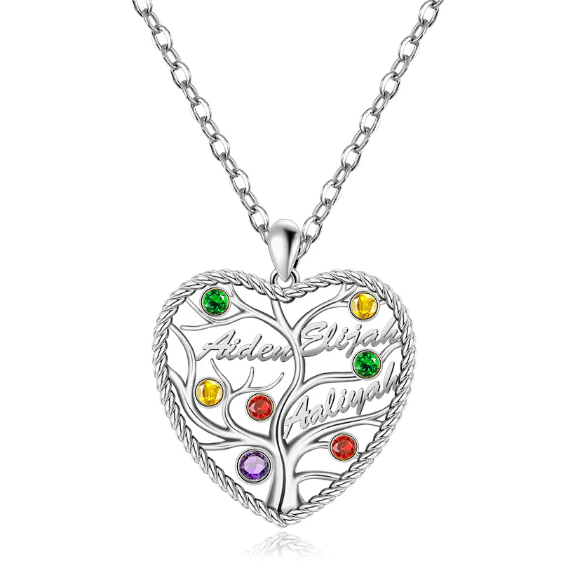 Custom Heart Tree of Life Three Names Necklace Sterling silver inlaid with Colorful Stone