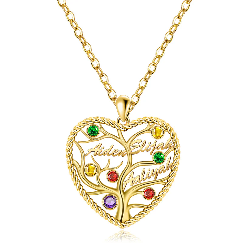 Custom Heart Tree of Life Three Names Necklace Sterling silver inlaid with Colorful Stone - Image 2