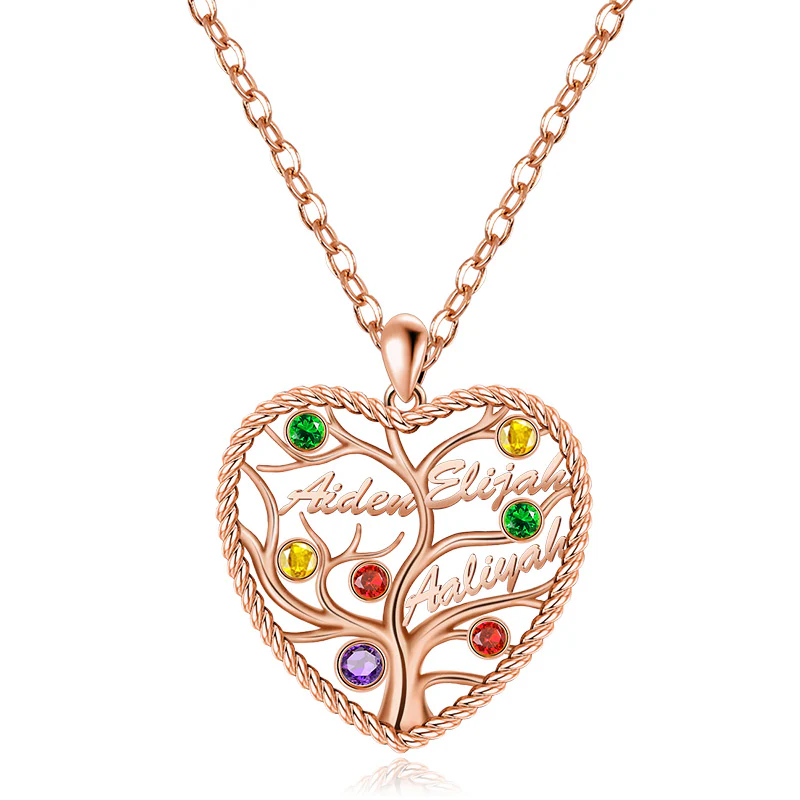 Custom Heart Tree of Life Three Names Necklace Sterling silver inlaid with Colorful Stone - Image 3