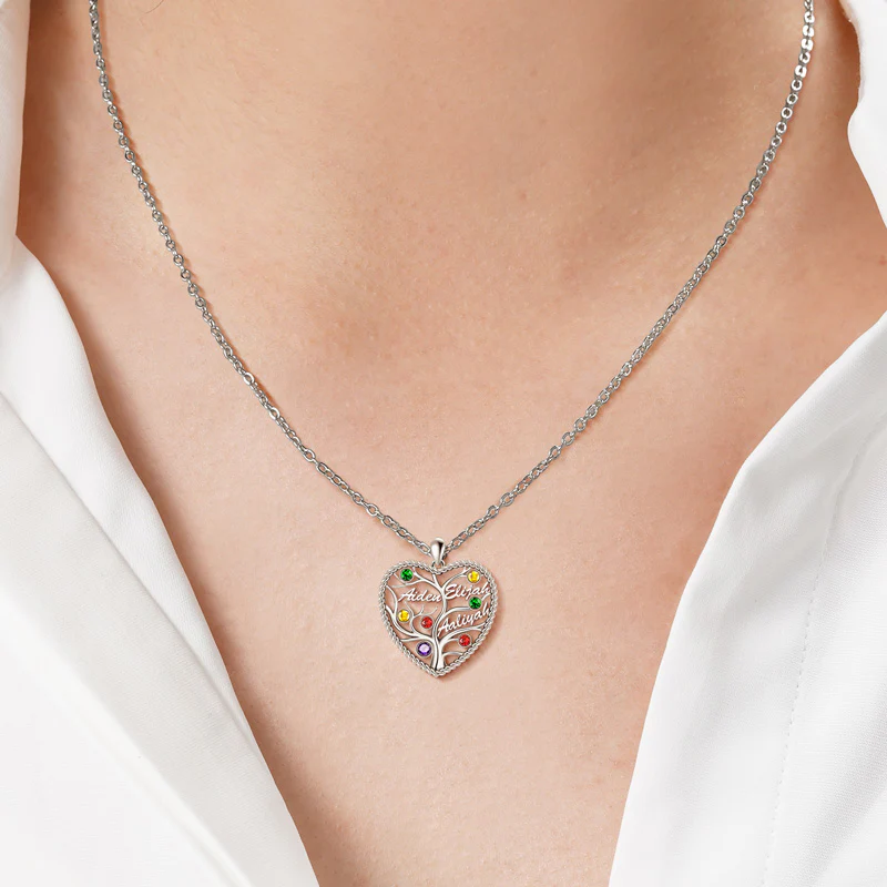 Custom Heart Tree of Life Three Names Necklace Sterling silver inlaid with Colorful Stone - Image 4