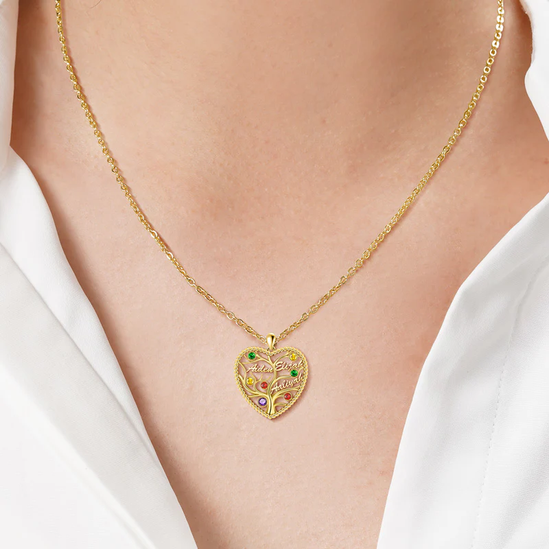 Custom Heart Tree of Life Three Names Necklace Sterling silver inlaid with Colorful Stone - Image 5