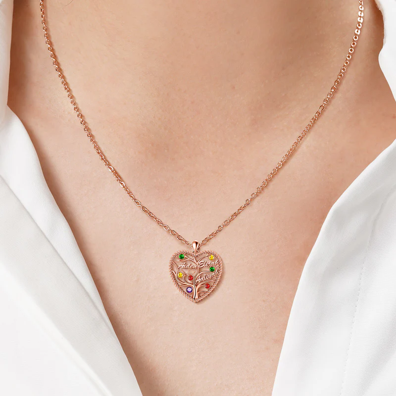 Custom Heart Tree of Life Three Names Necklace Sterling silver inlaid with Colorful Stone - Image 6