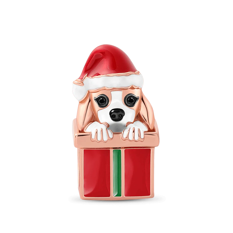 Dog with Gift Box Charm Bead Sterling Silver 18k Rose Gold Plated for Christmas