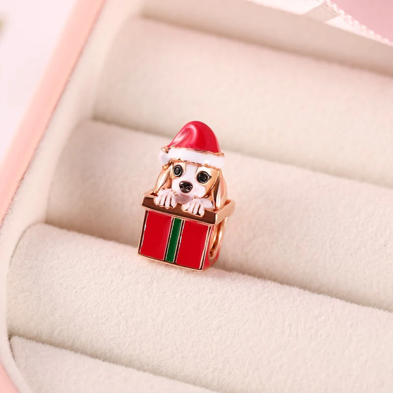 Dog with Gift Box Charm Bead Sterling Silver 18k Rose Gold Plated for Christmas - Image 2
