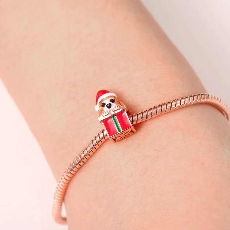 Dog with Gift Box Charm Bead Sterling Silver 18k Rose Gold Plated for Christmas - Image 3