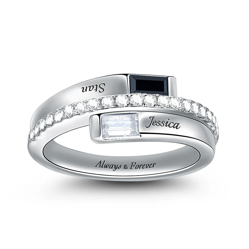 Baguette Ring With Double Birthstone S925 Silver
