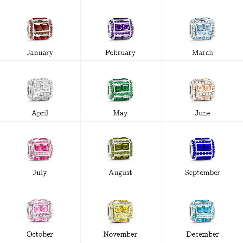 Square Zirconia Birthstone Charm Bead S925 Silver - Image 2