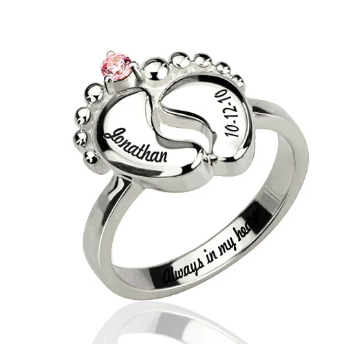 Engraved Baby Feet Ring Platinum Plated S925 Silver - Image 3
