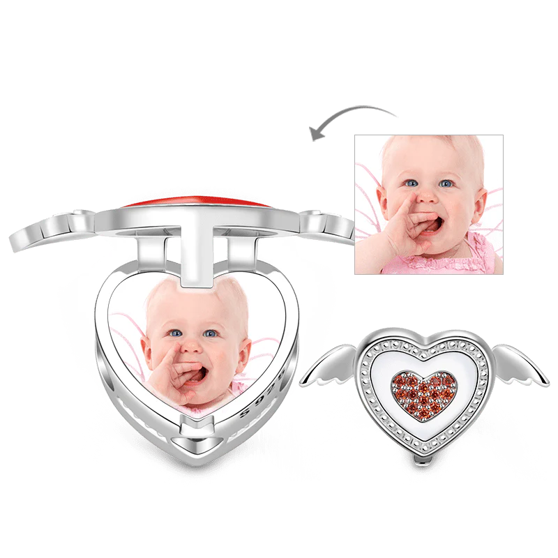 Heart with Wings Photo Locket Charm 925 Sterling Silver Red Enamel