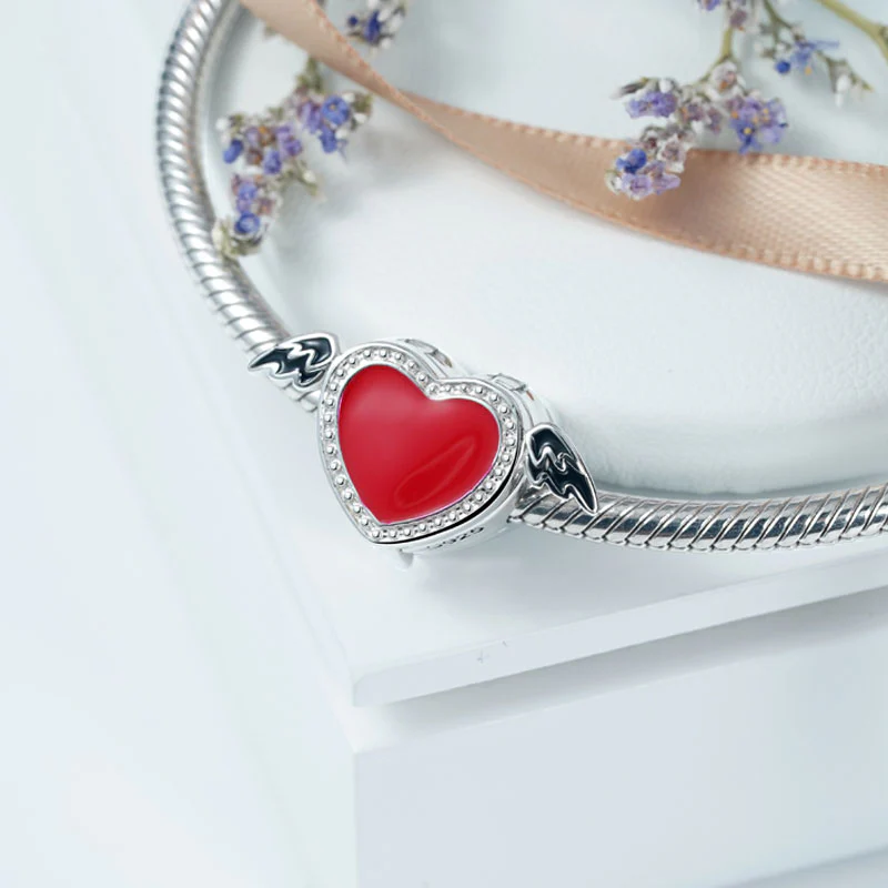 Heart with Wings Photo Locket Charm 925 Sterling Silver Red Enamel - Image 2