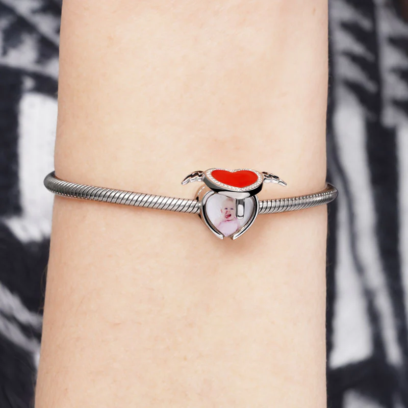 Heart with Wings Photo Locket Charm 925 Sterling Silver Red Enamel - Image 3