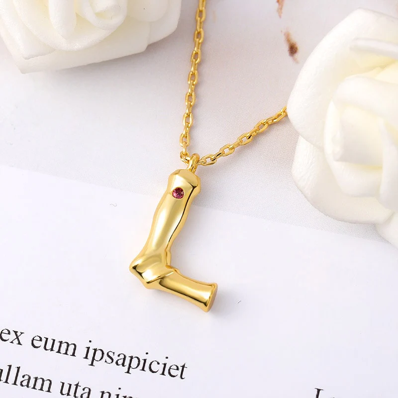 Letter L Pendant Bamboo Initial Necklace Adjustable Chain Length 18k Gold Plated 925 Sterling Silver - Image 3