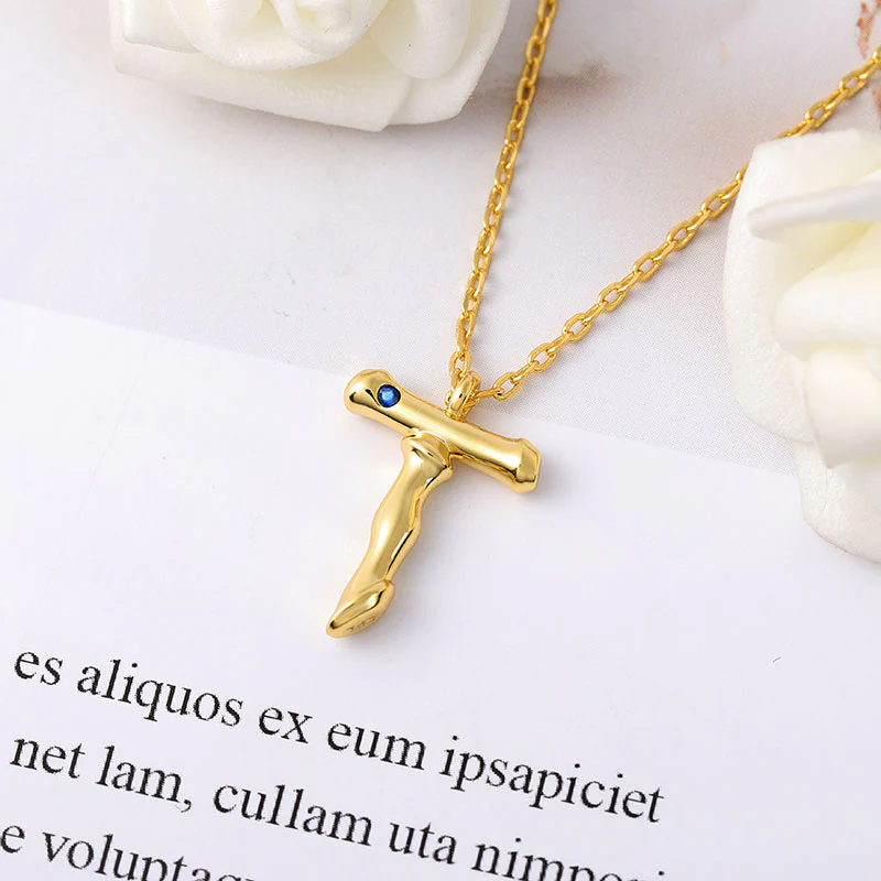 Gnoce Letter T Bamboo Initial Necklace Platinum-plated Silver Blend - Image 3