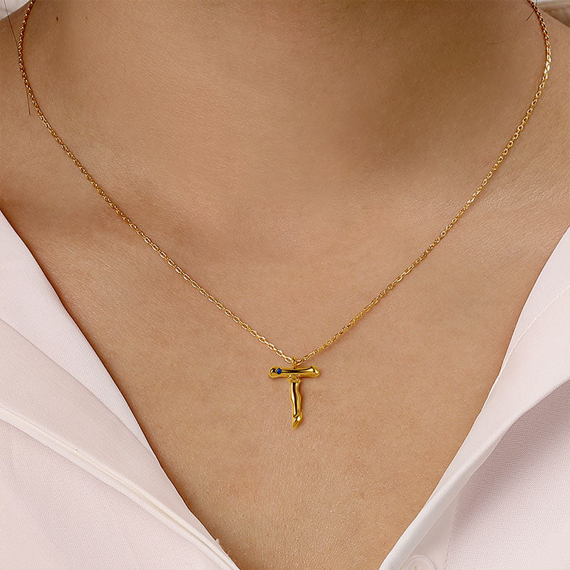 Gnoce Letter T Bamboo Initial Necklace Platinum-plated Silver Blend - Image 4