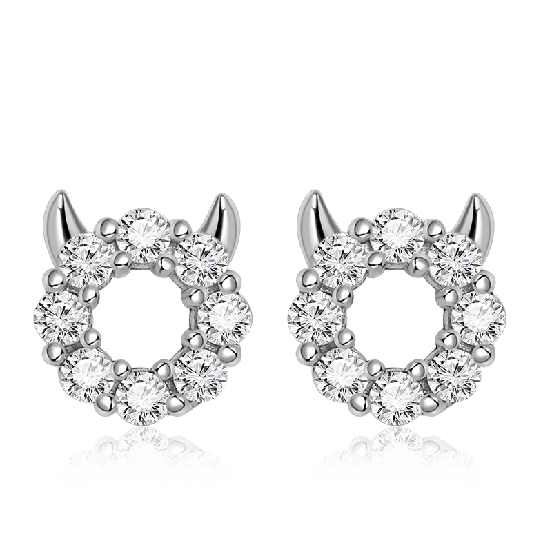 Little Devil Stud Earrings Sterling Silver inlaid with Round Cut White Stones