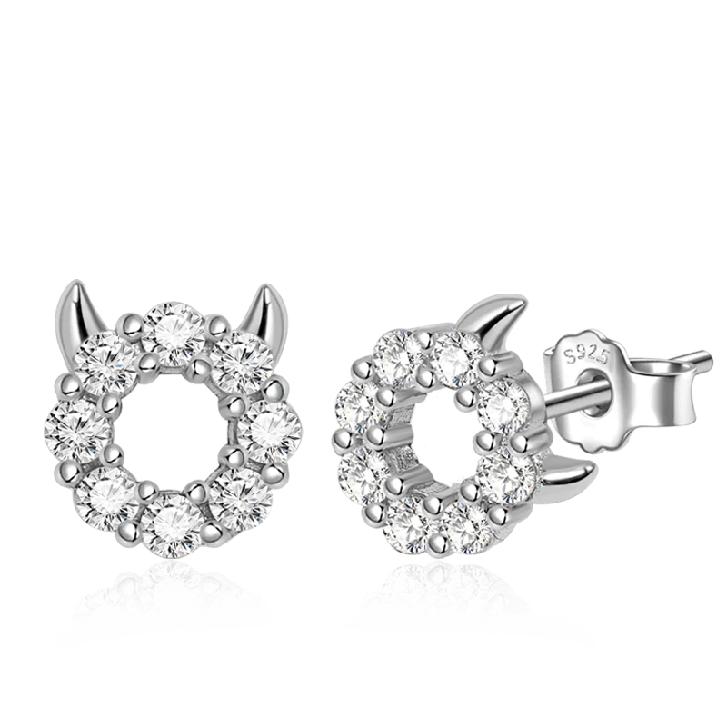 Little Devil Stud Earrings Sterling Silver inlaid with Round Cut White Stones - Image 2