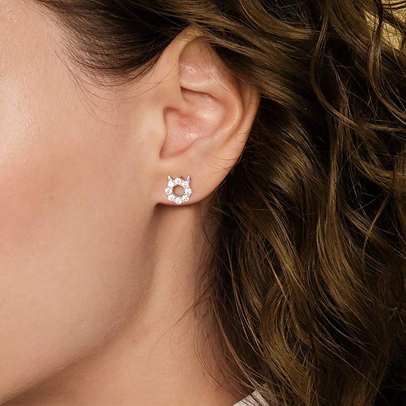 Little Devil Stud Earrings Sterling Silver inlaid with Round Cut White Stones - Image 4