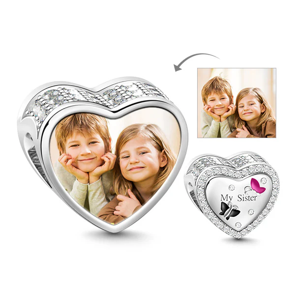 Gnoce Heart Shaped Sister Photo Charm Platinum-plated Silver Blend