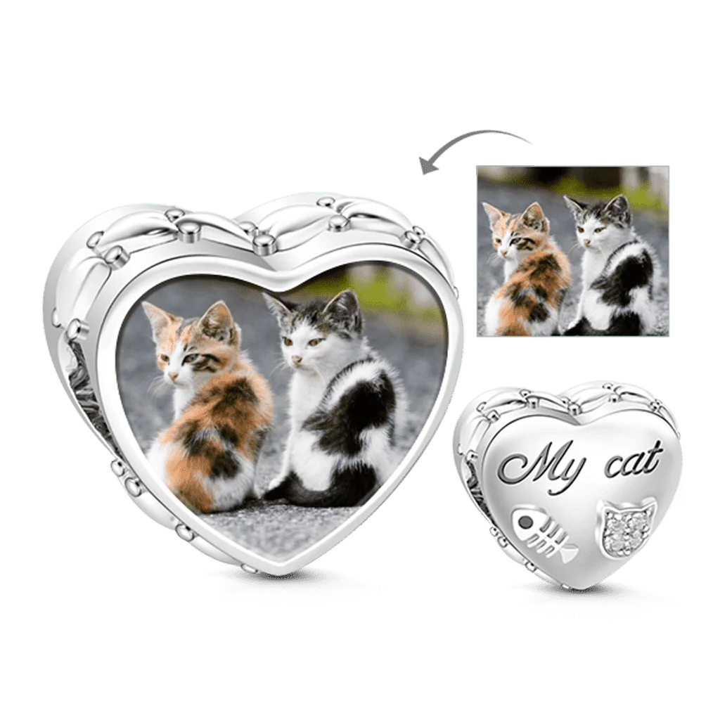 Gnoce Heart Cute Animal Cat Photo Charm Platinum-plated Silver Blend