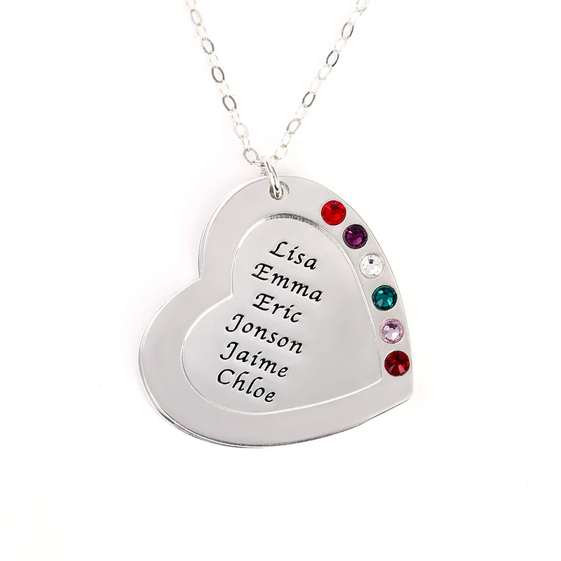 Personalized Heart Family Multi Name Necklace Sterling silver inlaid with Birthstones Mother's Day Gift