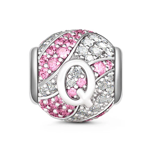 Gnoce Letter Q Aquamarine Clear CZ Charm Platinum-plated Silver Blend