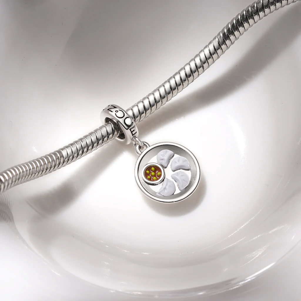 Gnoce A Plate of Dumplings Food Charm Platinum-plated Silver Blend - Image 3