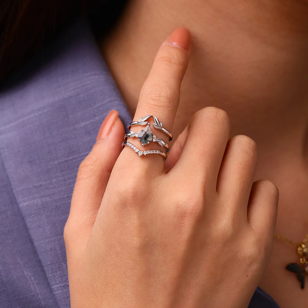 Gnoce Agate Leaf Stackable Ring Set Platinum-plated Silver Blend - Image 3