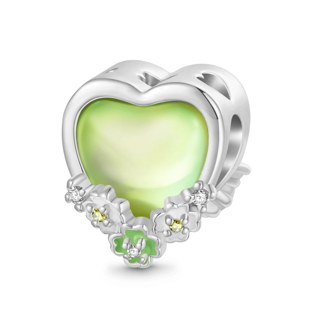 Apple Green Heart Four Leaf Clover Charm Platinum-plated Silver Blend
