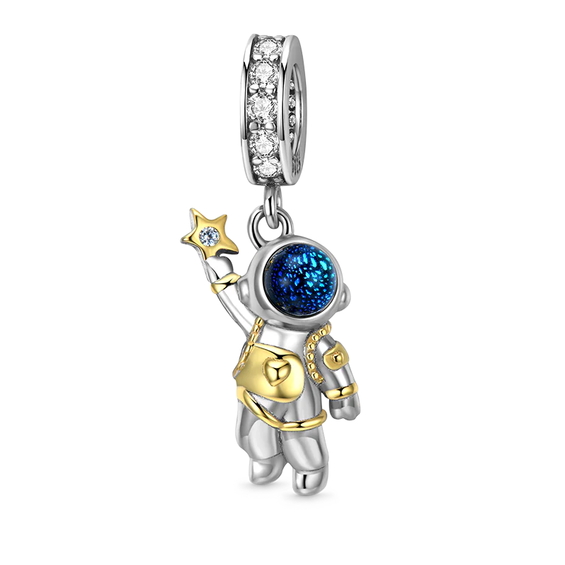 Astronaut in Outer Space Pendant Dangle Charm 925 Sterling Silver 18K Gold Plated