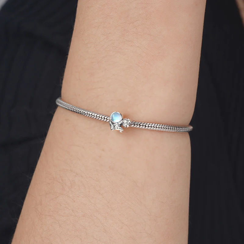 Astronaut in Outspace Stopper for Charm Bracelets 925 Sterling Silver with Moonstone - Image 3