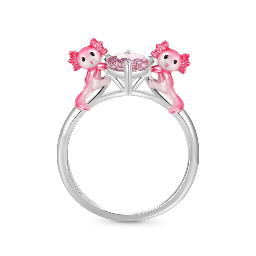 Gnoce Adorable Axolotl Hug Pink Diamond Ring Platinum-plated Silver Blend