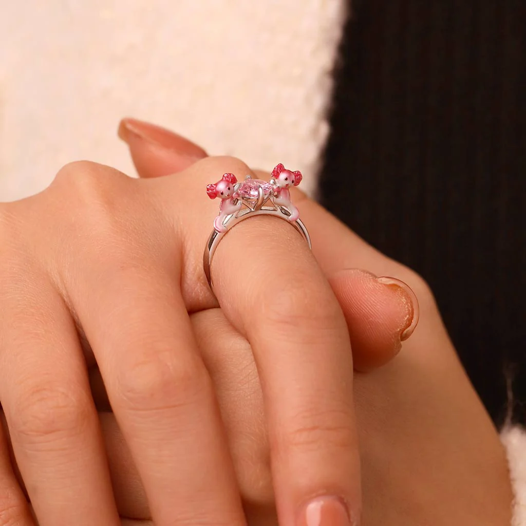 Gnoce Adorable Axolotl Hug Pink Diamond Ring Platinum-plated Silver Blend - Image 5