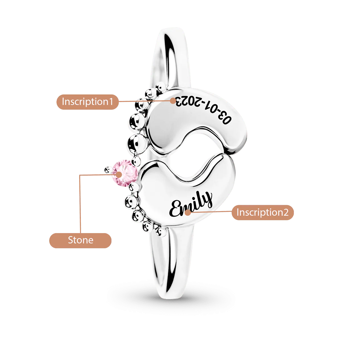 Gnoce Baby Footprint Name Ring Custom Birthstone Mom Ring - Image 3