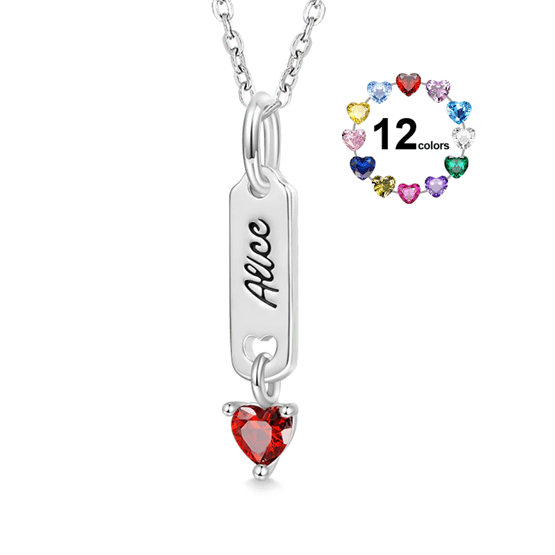 Gnoce Classic Bar Heart Birthstone Engravable Necklace