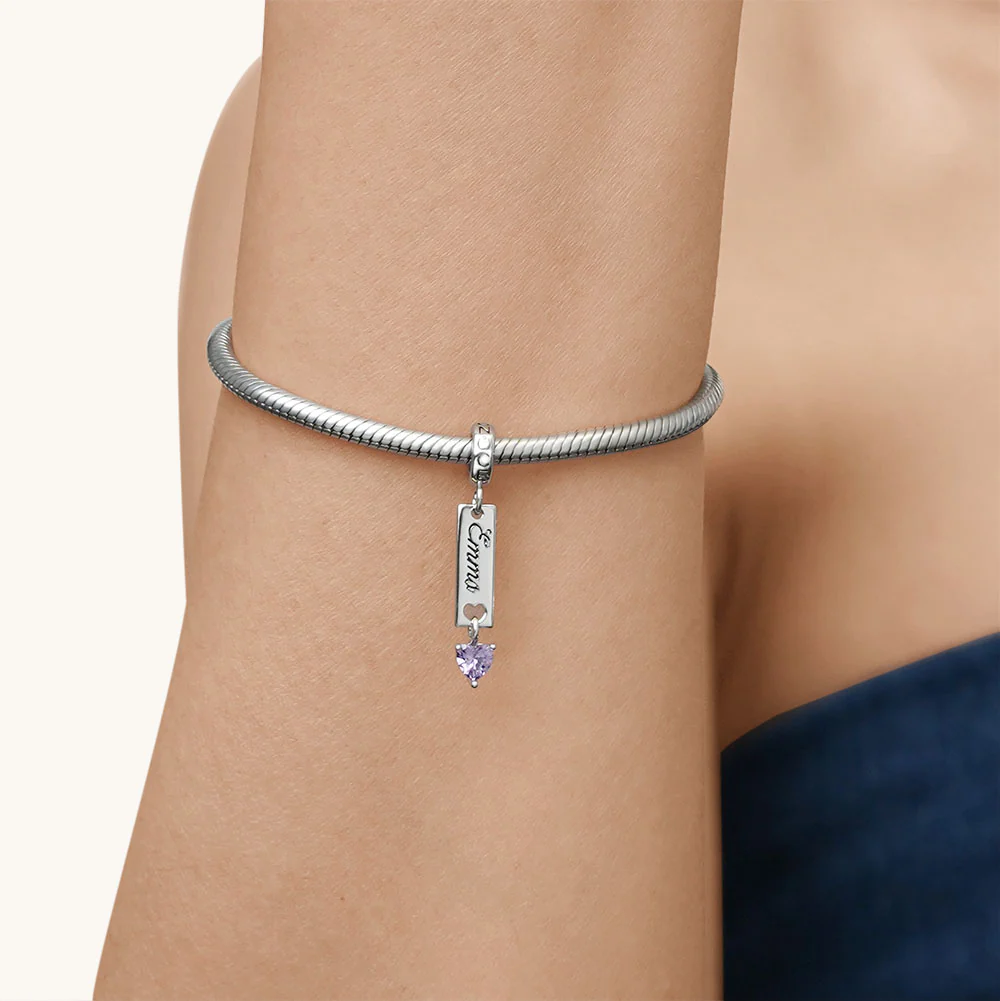 Gnoce Classic Bar Heart Birthstone Engravable Charm Platinum-plated Silver Blend - Image 6