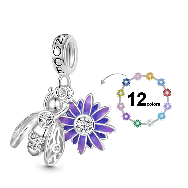 Gnoce Bee Loves Daisy Flower Birthstone Charm Platinum-plated Silver Blend