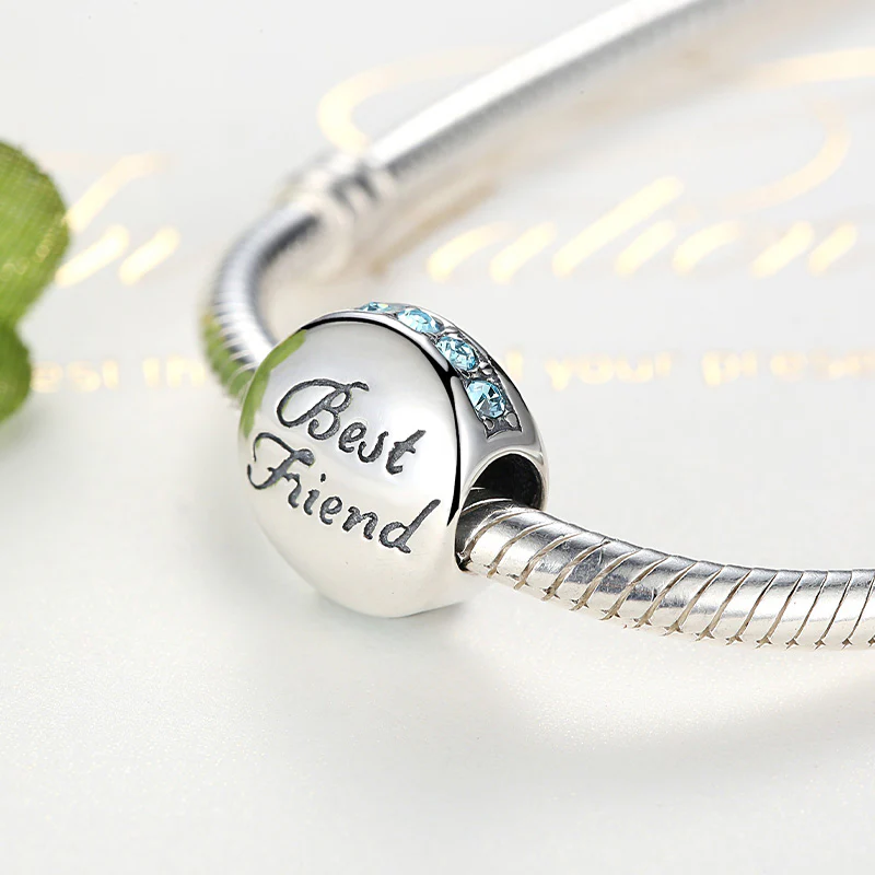 "Best Friend" Charm Bead 925 Sterling Silver Inlaid with Blue Gemstones - Image 2