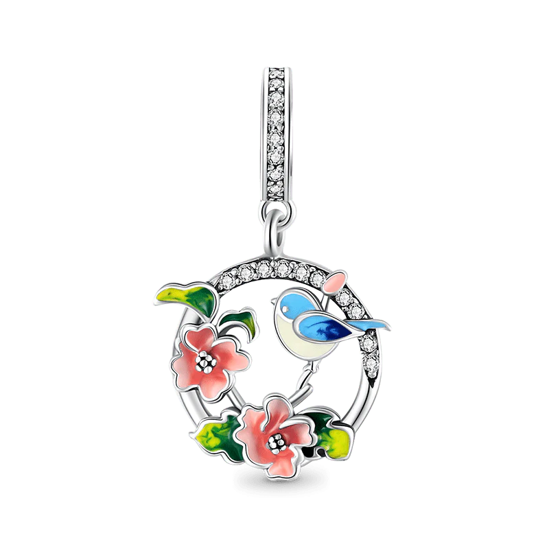 Bird & Flowers Pendant Dangle Charm 925 Sterling Silver Inlaid with Clear Zircon Stones