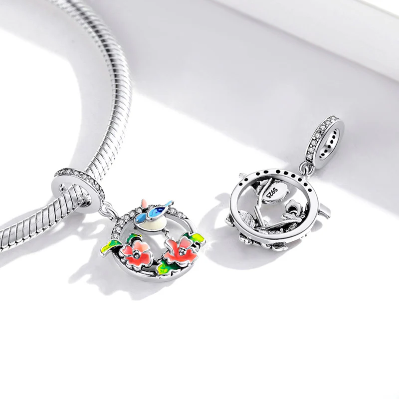 Bird & Flowers Pendant Dangle Charm 925 Sterling Silver Inlaid with Clear Zircon Stones - Image 2