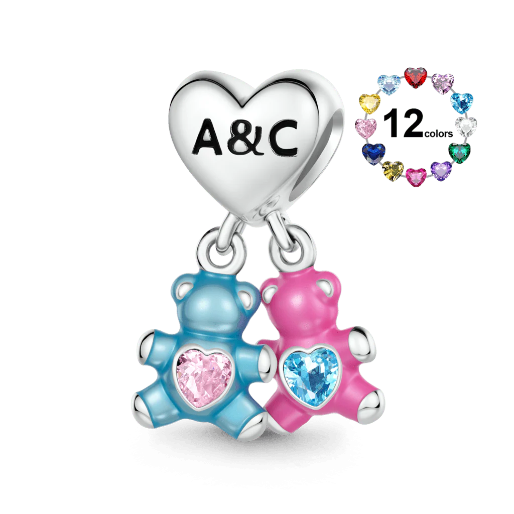 Gnoce Birthstone Bear Embraces Heart Charm Platinum-plated Silver Blend