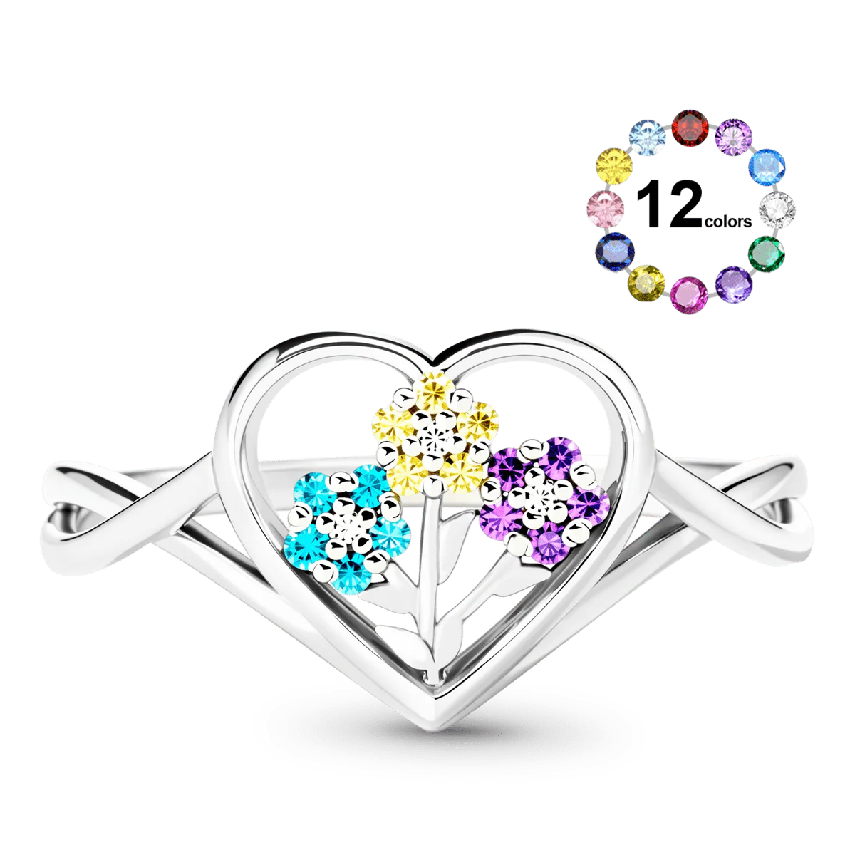 Gnoce Birthstones Flower Heart Ring Personalized Family Jewelry